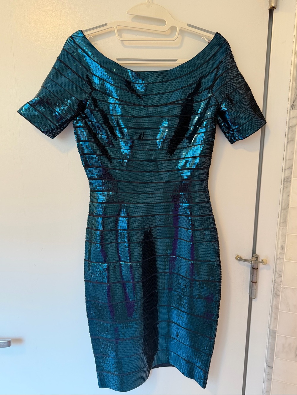 Herve Leger Teal Sequin Off-Shoulder Bandage Dress